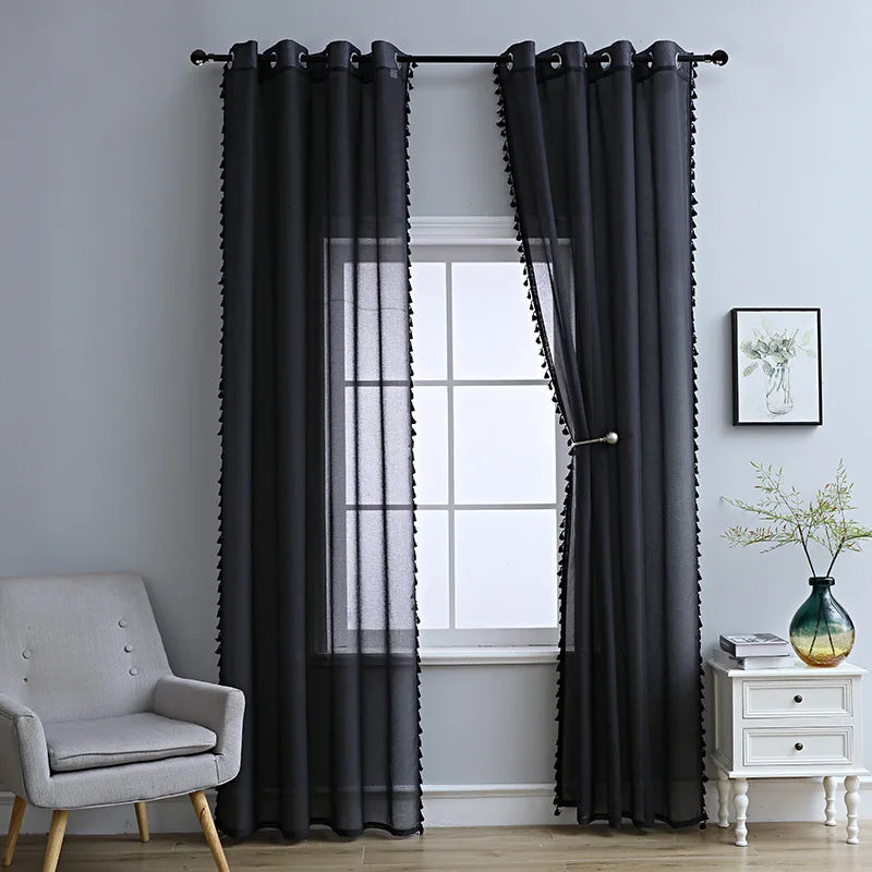 Modern Black Tulle Drapes Faux Linen Window Sheer Curtains with Fringe 100% Polyester Customizable Flame Retardant Blackout