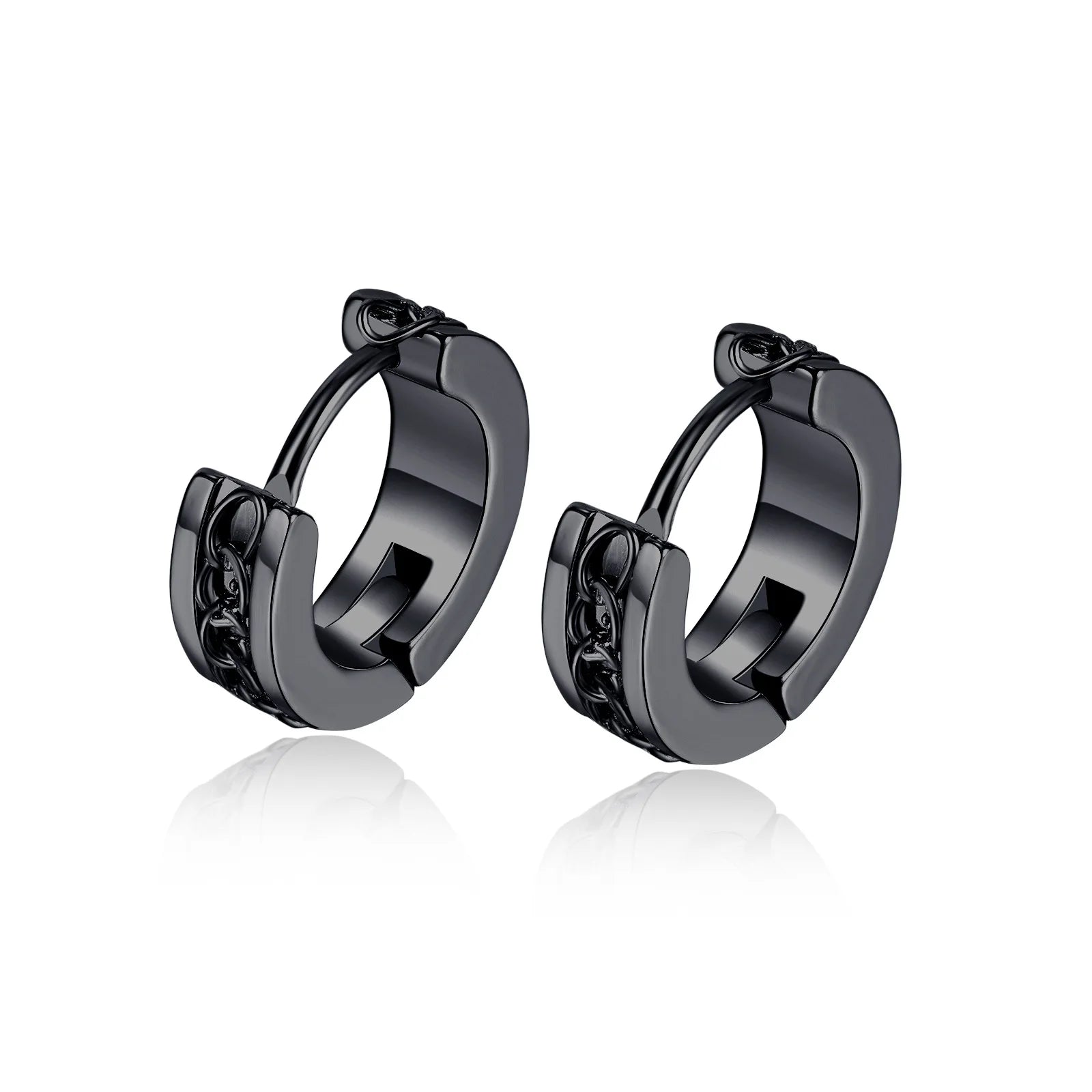 High Polish Stainless Steel 4mm Wide Black Steel Color Plating Link Chain Round Huggie Hoop Earrings for Men and Women