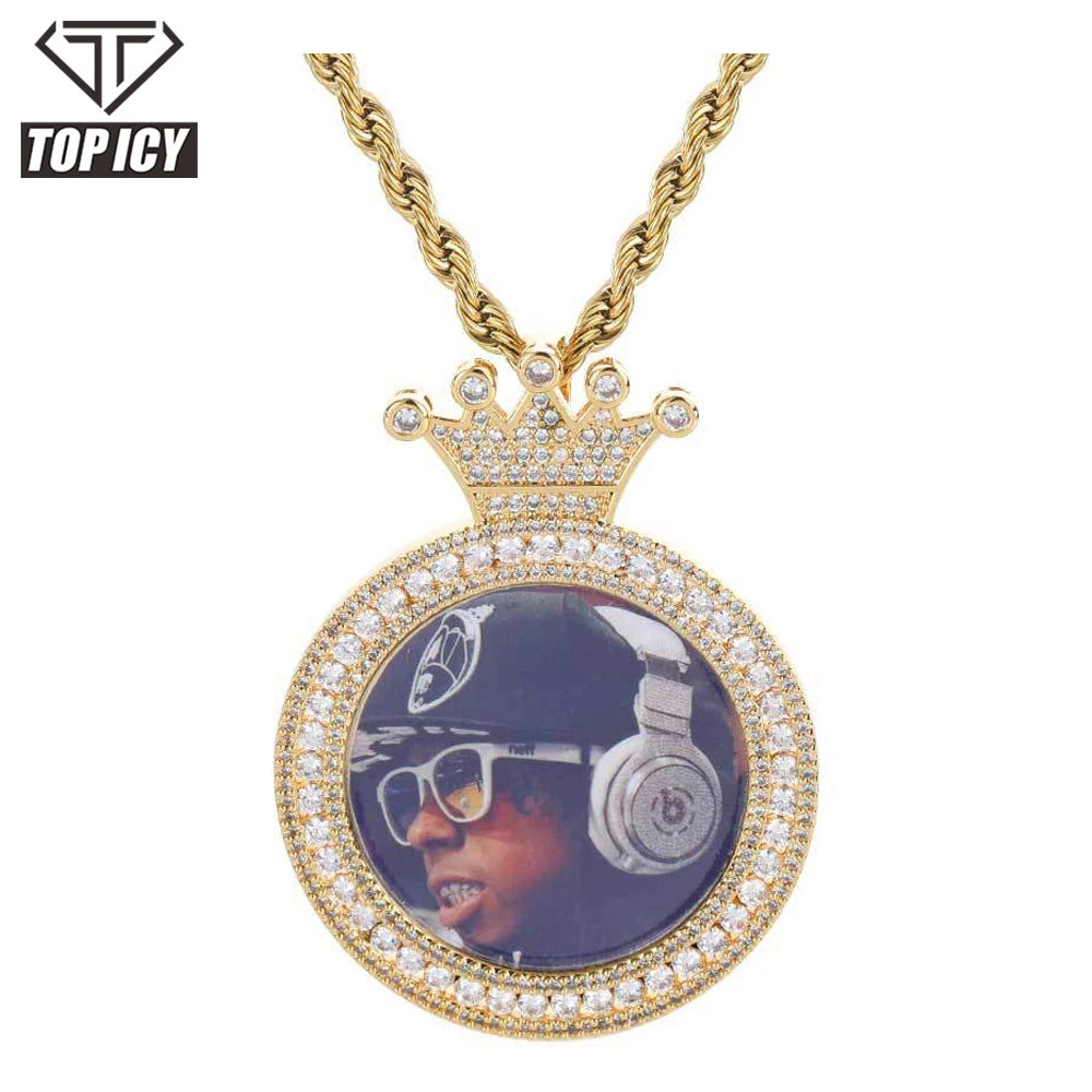 TOP ICY Custom 14K Gold Plated Hip Hop Crown Circle Zircon Medallion Picture Pendant Necklace with Link Chain for Wedding Party