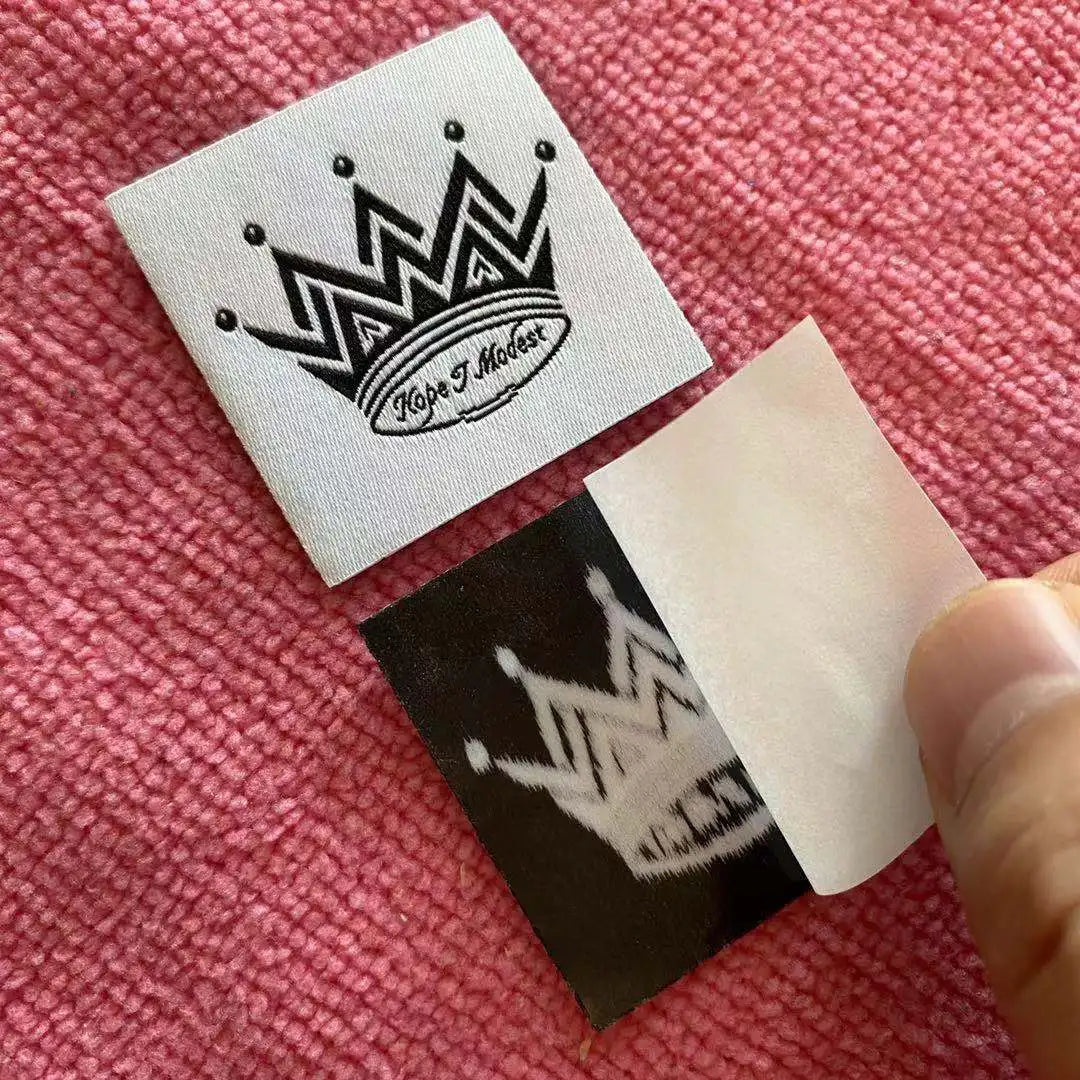 Laser Cut White Crown logo Iron on Woven Labelhigh Definition Laser Cut Clothing Label With Adhesive Backing