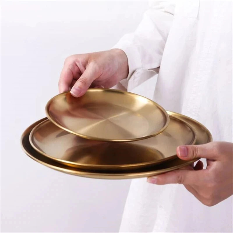 Dinner Restaurant Plate Stainless Steel Round Tray Serving Dishes Gold Charger Plates Wedding Korean Barbecue Buffet Dishes