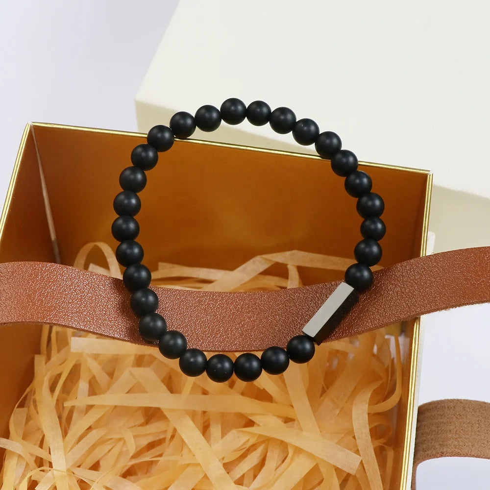 2024 New Arrival Men's Jewelry Custom Blank Charm Black  Beads Onyx Stone Bracelet Adjustable Size