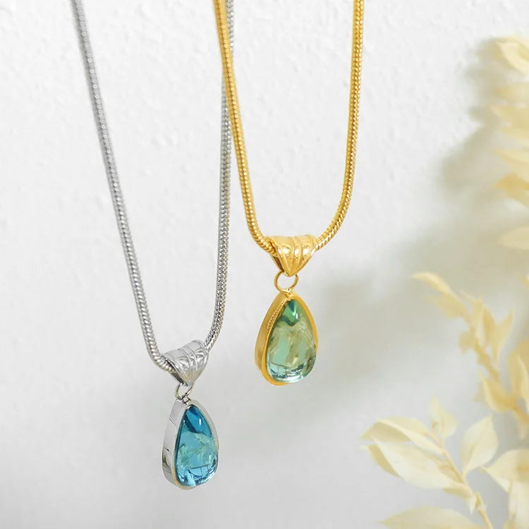 Ins Vintage Olive Green Blue Droplet Pendant Necklace Glass Stone Necklace Niche Women Jewelry Collier Acier Inoxydable Bijoux