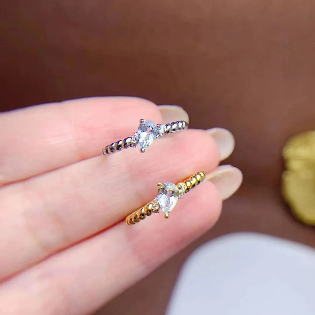 Hot Sale Korean 925 Sterling Silver 18k Chunky Gold Plated Pear Cut Natural Aquamarine Wedding Party Matching Rings for Couples