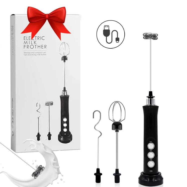 Electric USB Rechargeable Stainless Steel Handheld Milk Frother 3 Whisk