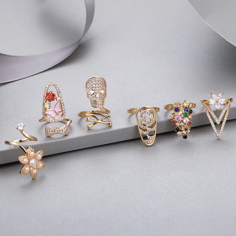 KJ Copper-plated True Gold Zircon Nail Ring for Women Hip Hop Nail Trend Fingertip Ring with Adjustable Geometric Openings