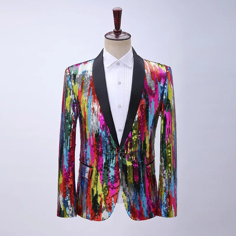 M-3XL Men's Colorful Vertical Pattern Sequin Dress Single Top Suit Dance Casual Colored Bar Host Suit