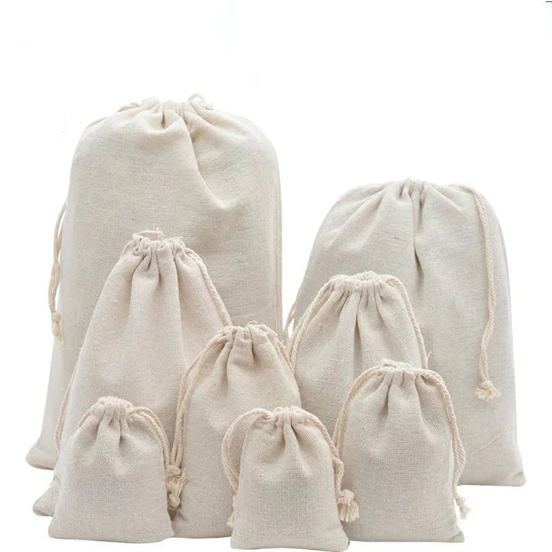 Recycled Cotton Bags Drawstring White Canvas Pouch  Small Printed Custom Logo Natural Color Shoes Clothes Dust Bag