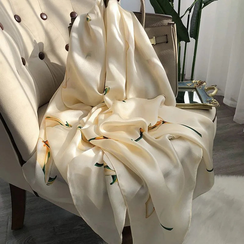 All-Match Women's Long  Silk Scarf Light Luxury Korean Style With Logo Anti-Scarf Plain Silk Scarves for Adults