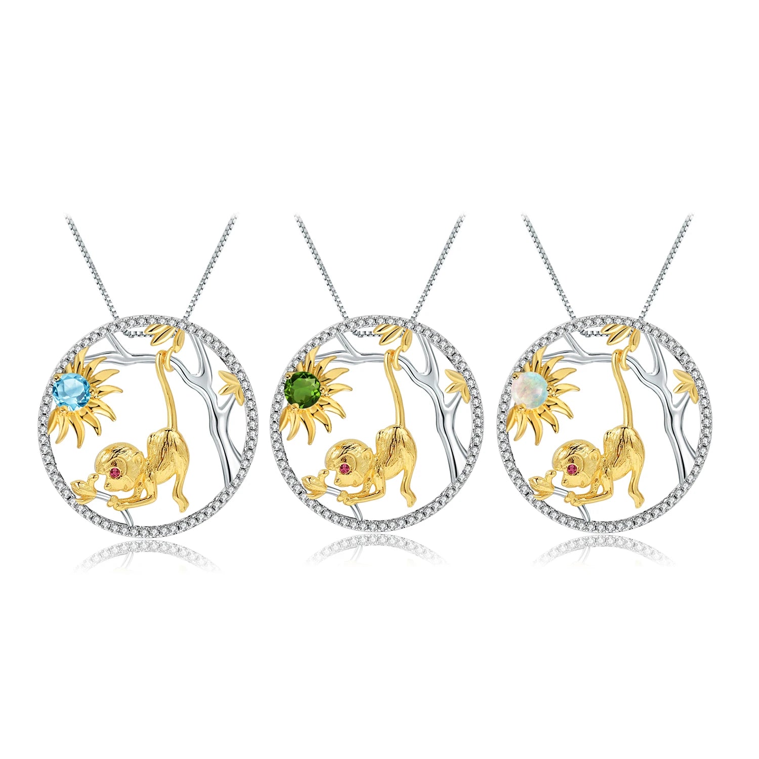 MONKEY 925 Sterling Silver Natural Stone 12 Chinese Monkey Zodiac Jewelry Pendant Necklace for Women