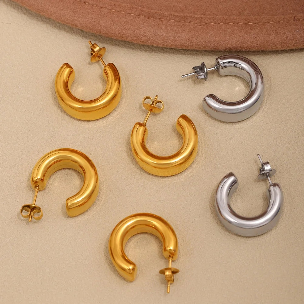 Non Tarnish Stainless Steel PVD 18K Gold Plated Hollow Chunky Stud Earrings Exaggerated Personality C-shaped Women's Earrings