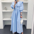 Wholesale 2026 Summer Elegant Milk Soft Blue Double-layer Navy Collar Banding Single-breasted Lantern Sleeve Swing Dress