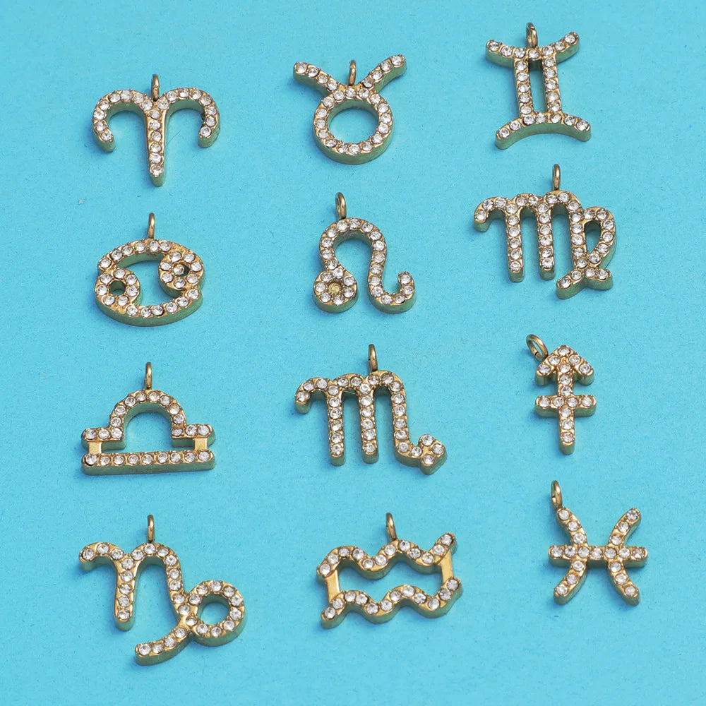 Hot Sale 18k Gold Plated Stainless Steel CZ Zircon 12 Zodiac Sign Pendant Charms for DIY Jewelry Necklace Making