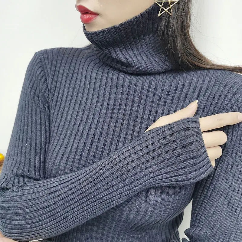 Women's Casual Slim Fit Turtleneck Sweater Korean Style Winter Pullover with Thumb Hole Warm Jumper in Solid Color