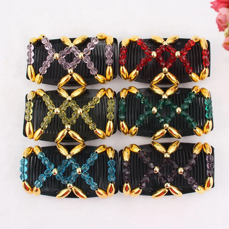 Women Pearl Beads Elastic Hair Combs Double Slide Magic Bun DIY Hairstyle Making Tool Metal Novelty Hair Clip Accessories