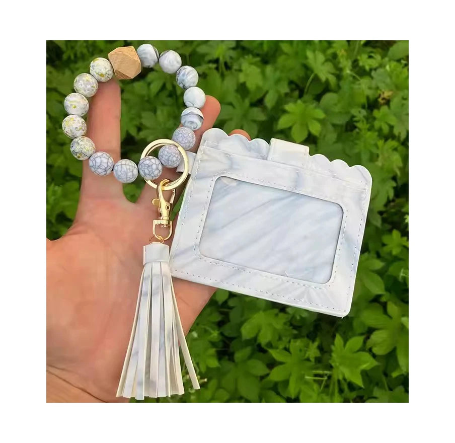 PU Leather Wallet Card Holder Keychain Silicone Bead Wristlet Keychain Card Holder With Wristlet Bangle Bracelet