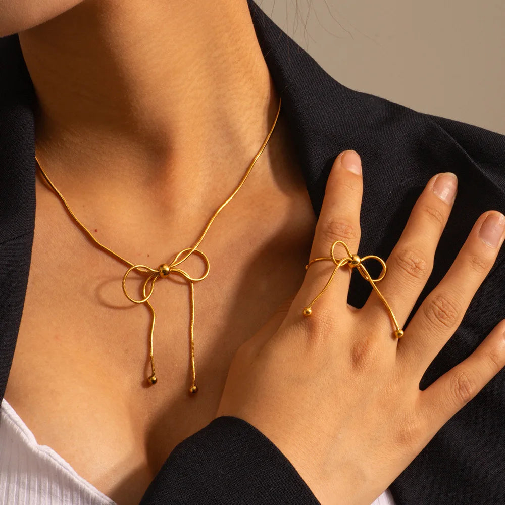 G2747 Wholesale 18K PVD Gold Plated Stainless Steel Snake Chain Bow Knot Necklace Stud Earring Tassel Ring Fashion Jewelry Sets