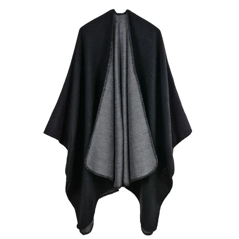 Custom Winter Warm for Women's Elegant Poncho With Classical Black Gray Double-side Soild Scarf Acrylic Shawl With Tassels