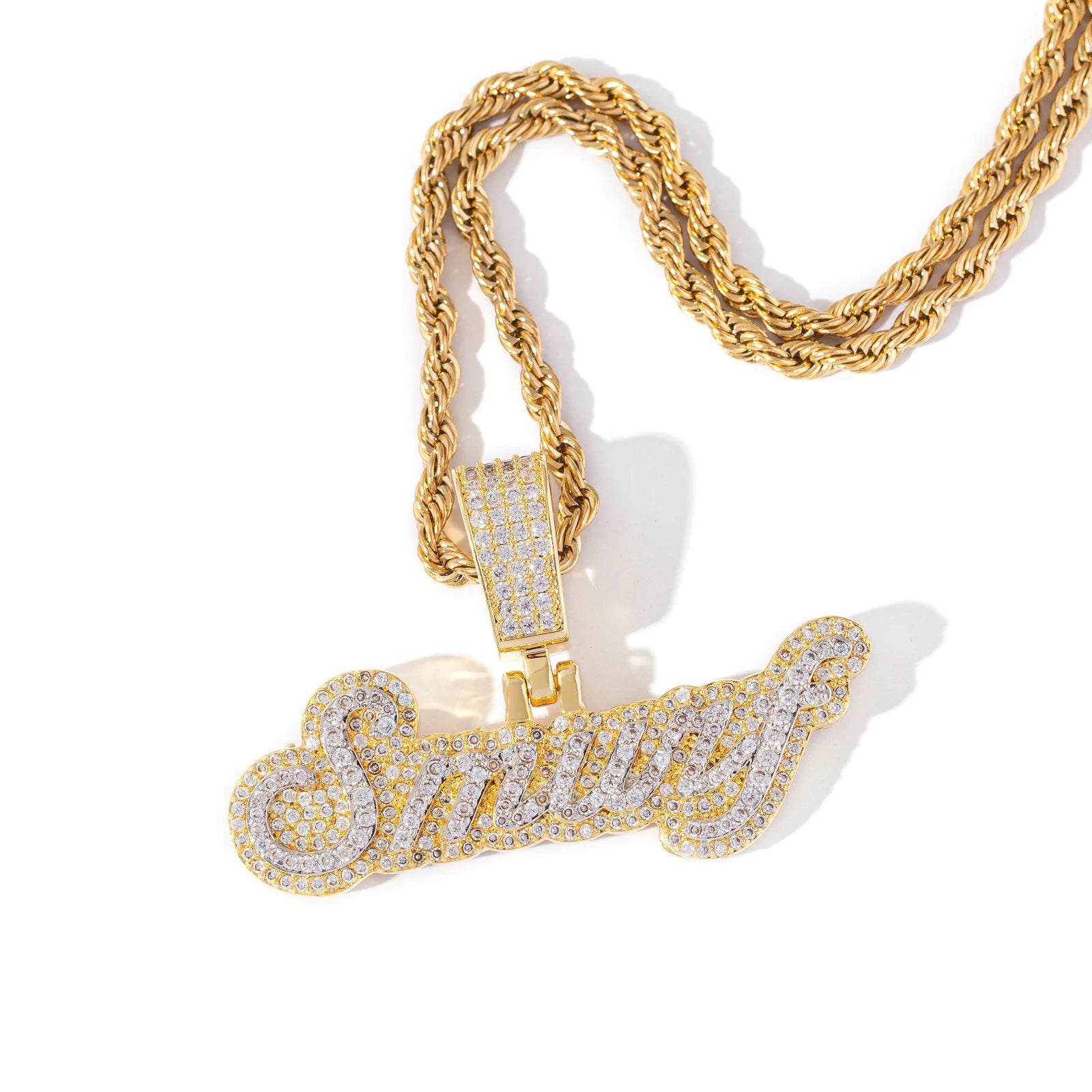 TOP ICY Luxury Bi-Color Nameplate Necklace 2 Layers Micro CZ Stones Customizable Name Letters Rhodium Plated Hip Hop Jewelry