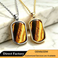 Natural Tiger Eye Dog Tags Pendant Necklace 316L Stainless Steel Healing Crystal Hypoallergenic Waterproof Unisex Jewelry Gift
