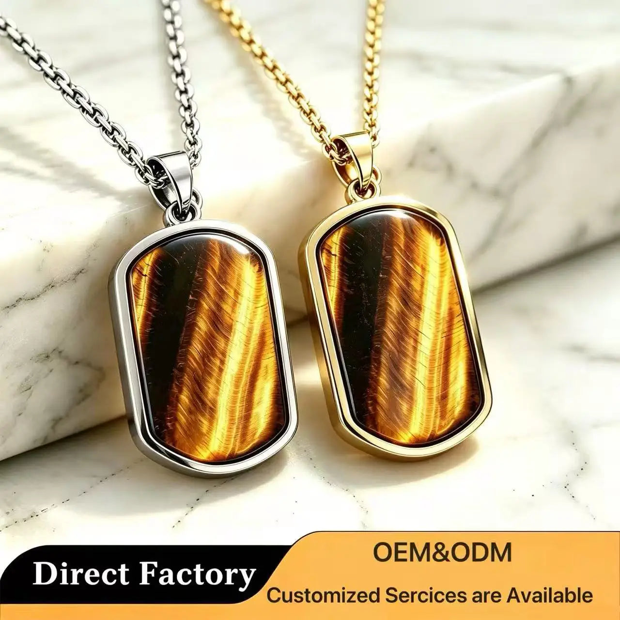 Natural Tiger Eye Dog Tags Pendant Necklace 316L Stainless Steel Healing Crystal Hypoallergenic Waterproof Unisex Jewelry Gift