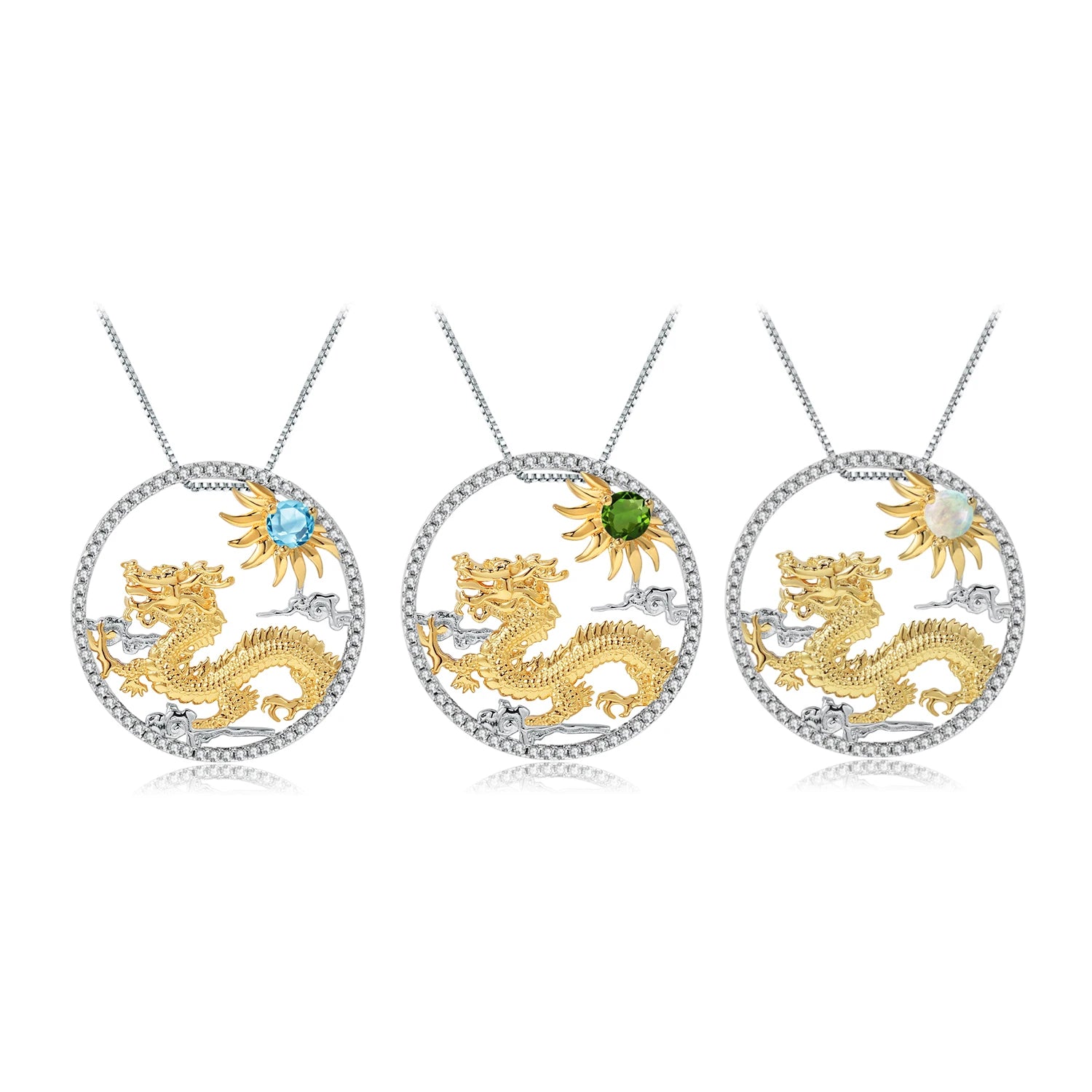 DRAGON Gold Pendant Natural Gem 925 Sterling Silver Jewelry Flying Dragon Chinese Zodiac Sign Pendant