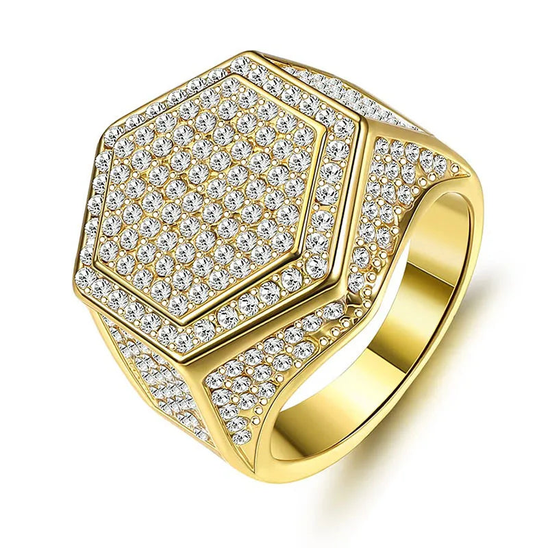 Fashion Full Diamond Luxury Polygonal Ring for Men Shiny Hip Hop Pentagram Ring Gold Plated Full Diamond Men's Ring