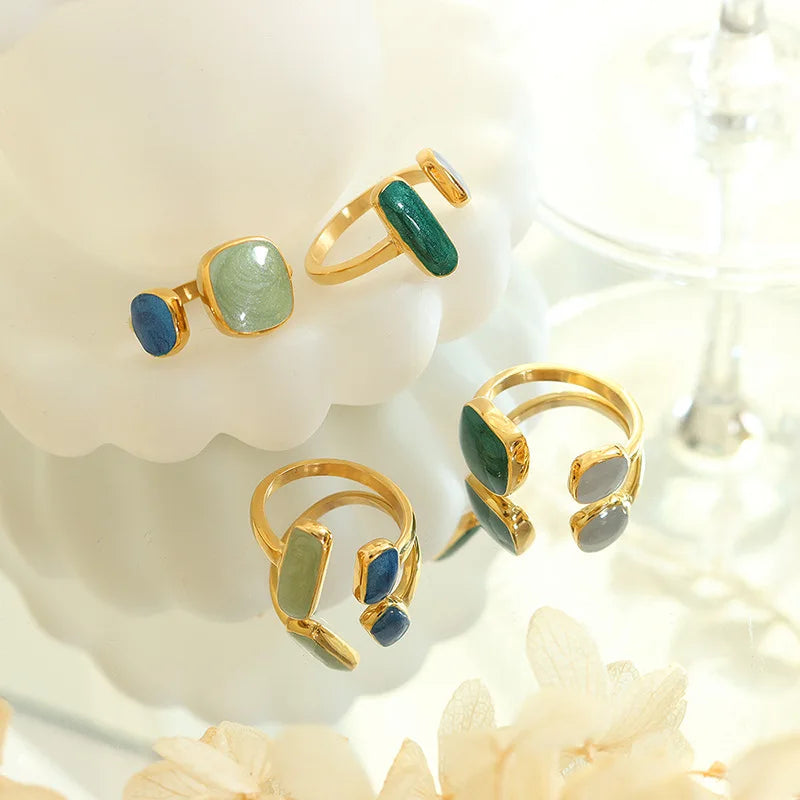 Fashion New Stainless Steel 18k Gold Feeling Light Luxury Personality Enamel Hand Drop Oil Opening Ring anillos de oro