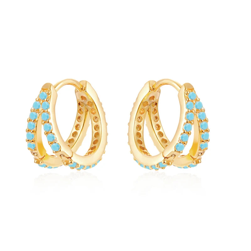 S925 Sterling Silver Double Row Diamond Earrings Diamond Turquoise Zircon Women's Personality Trend Earrings