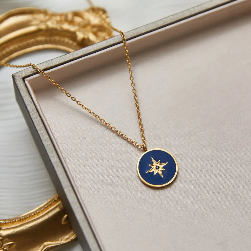 Blue Enamel Geometric Eight-Pointed Star Compass Pendant Necklace Women 18K Gold Plated Stainless Steel Trendy Fashion Jewelry