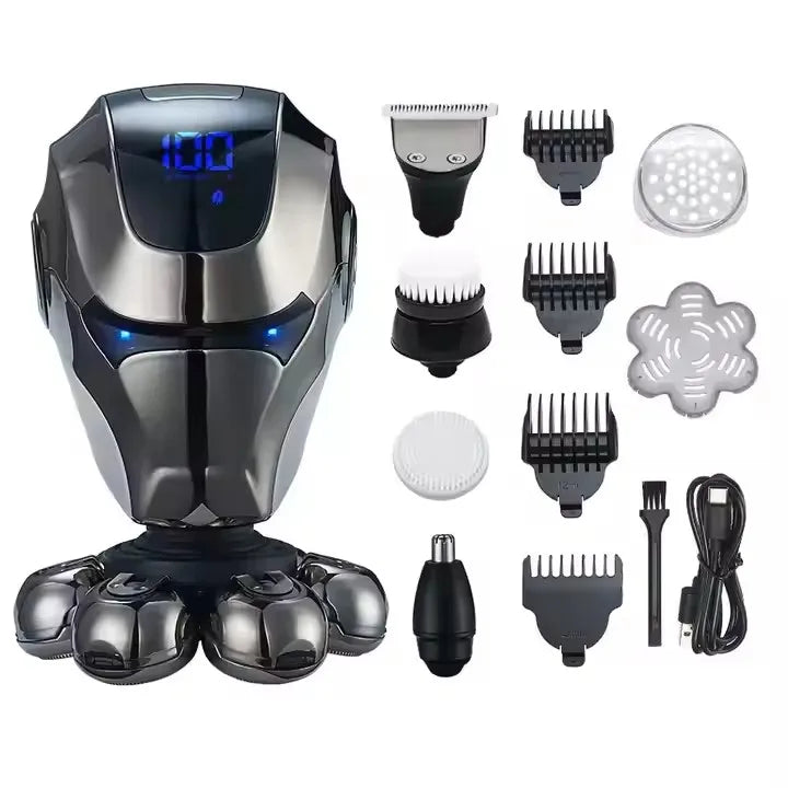 Electric Rechargeable Head Shaver for Men Water Resistant Grooming Kit 7D Floating Shaving Head 5 in 1 Shaver