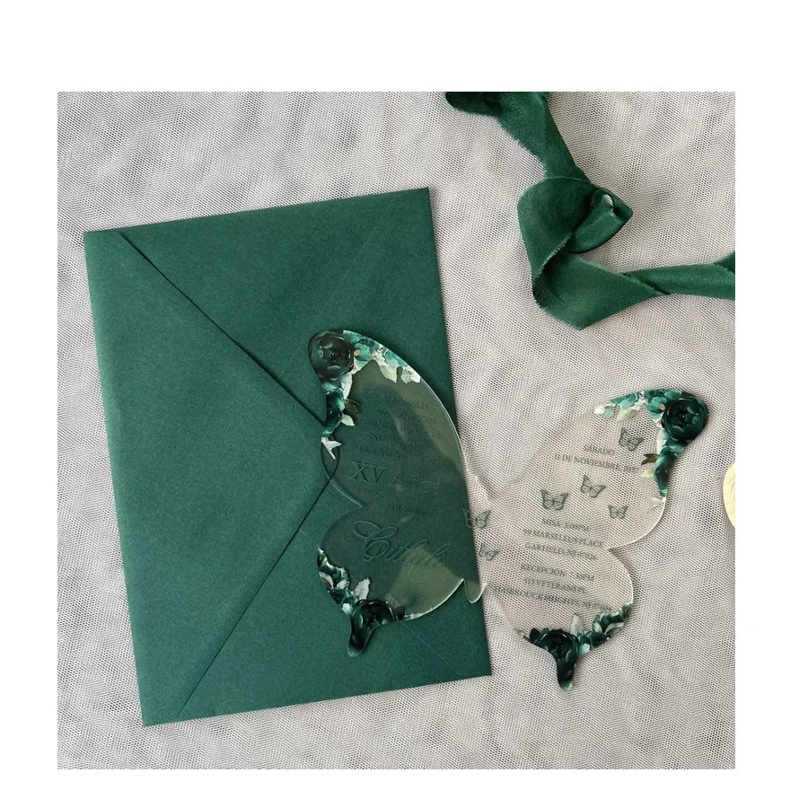Custom Emerald Green Forest Theme Mis Quince Sweet Fifteen De Quinceanera Party Decoration butterfly Acrylic Invitation Card