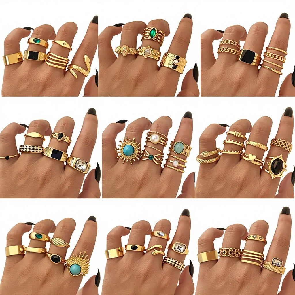 VKME New Fashion Gold Gemstone Serpentine Sun Ring Set for Women Jewelry Wholesale
