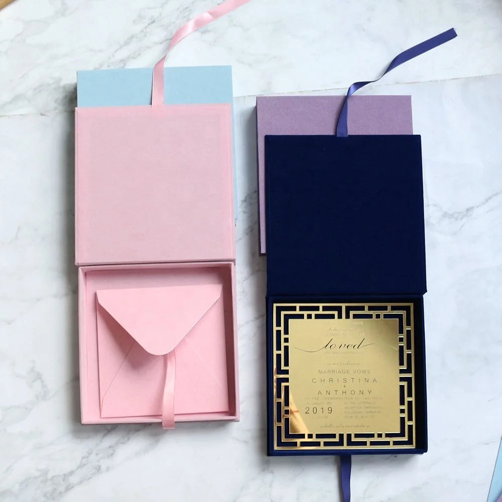 Luxury Suede Arabic Style Wedding Boxed Invitations Cards With Gold Mirror Engraving Acrylic