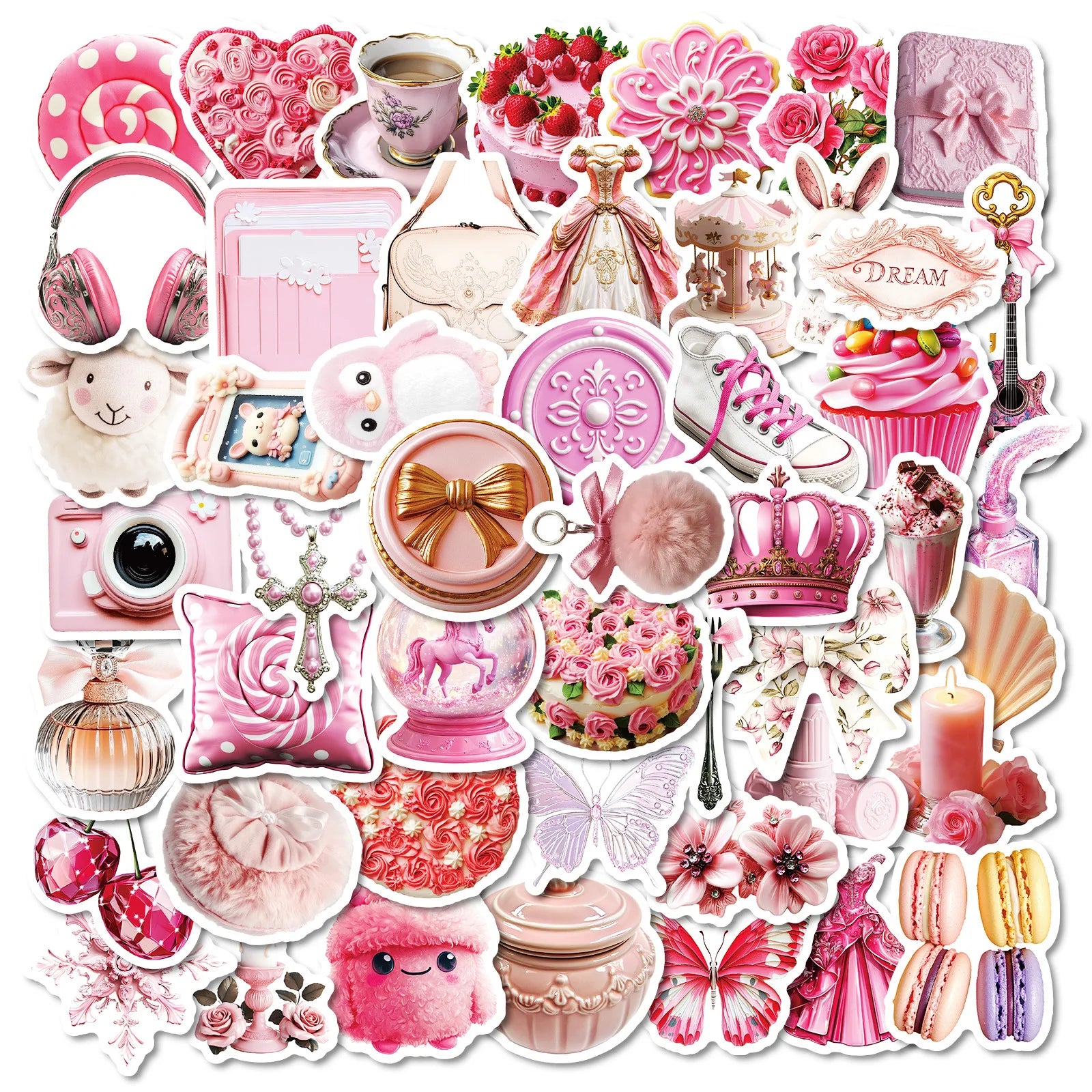 50pcs Pink Mix and Match PVC Self Adhesive Stickers for Guitar Table Laptop Cupboard Handbag Water Bottle and Books