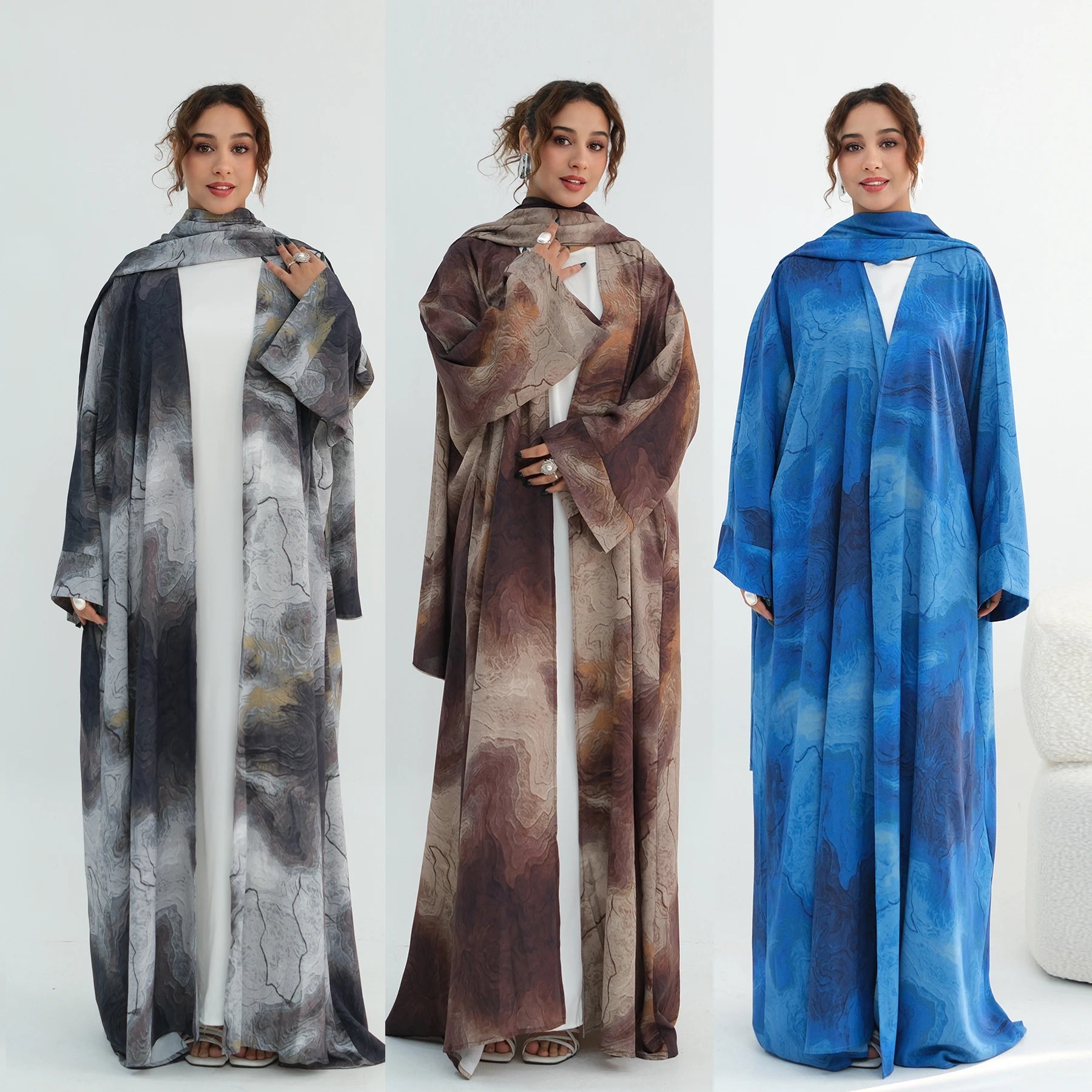 Loriya 2026 New Abaya Summer Collection Muslim Women Marble Print Open Abaya Dress with Hijab Dubai Abaya Wholesale