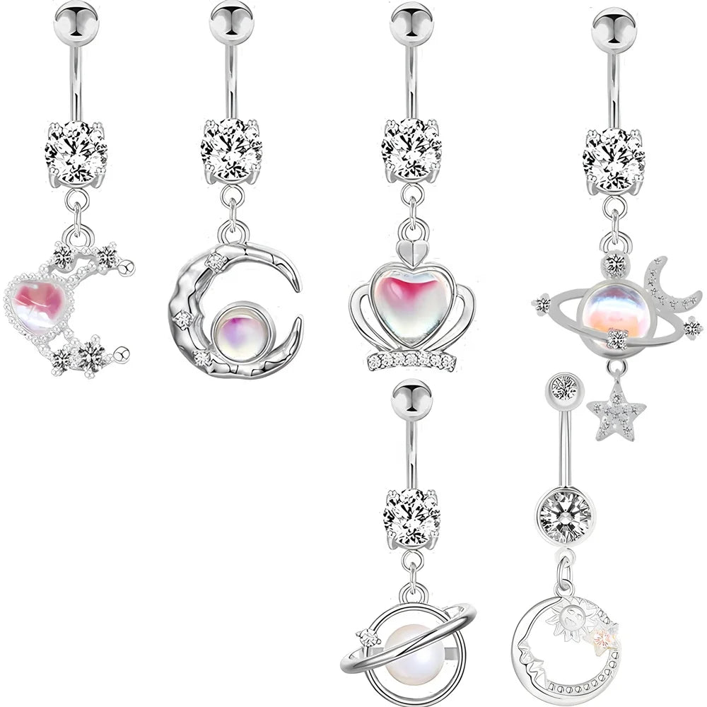 Surgical Steel Barbell Zircon Navel Button Rings Women Piercing Jewelry Birthday Gift Body Belly Piercing Moon Navel Rings