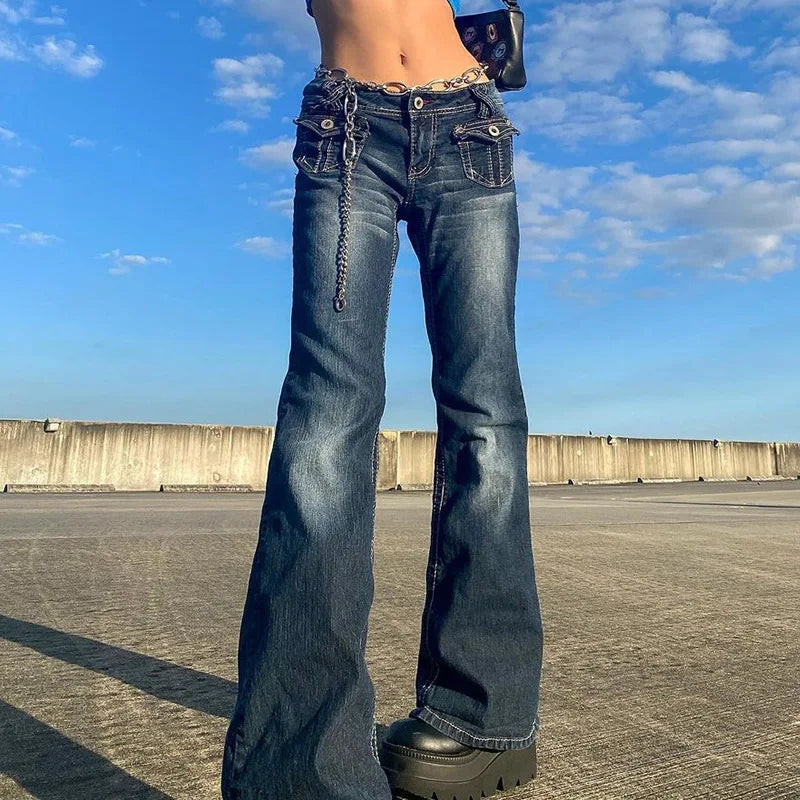Y2K Flare Low Rise Jeans Pants for Girl Aesthetic Streetwear Pockets Hippie Denim Bell Bottom Casual Outfit Baggy Denim Trousers