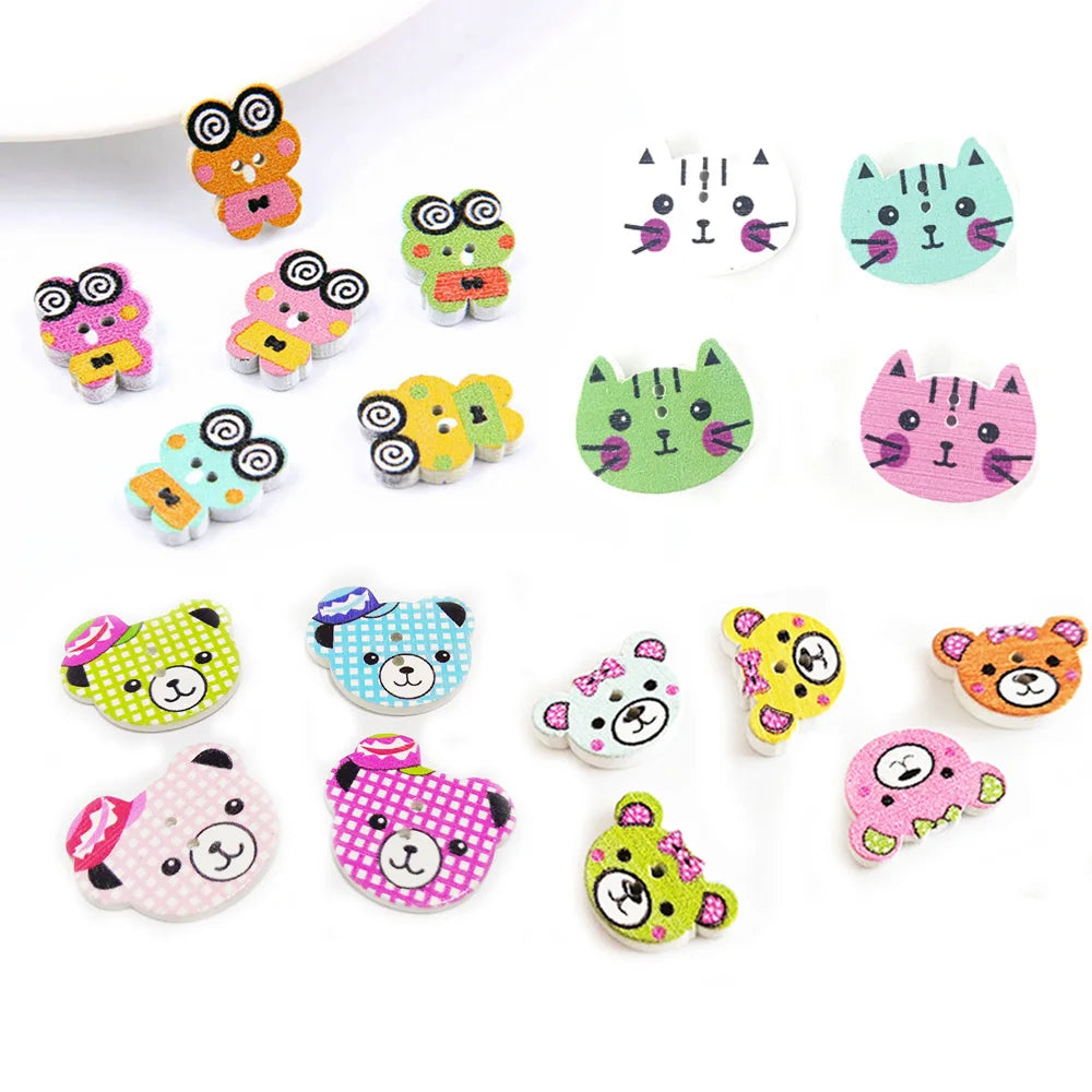 Cute Cartoon Stock Small Size Frog Cat Bear Head Shape Wood Animal Buttons for Craft