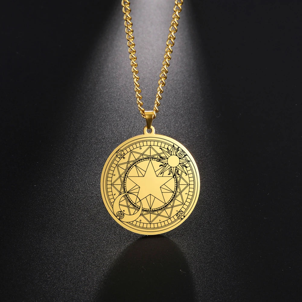 Sakura Magic Array Sun Moon Star Magic Amulet Good Luck Pendant Necklace Stainless Steel Jewelry