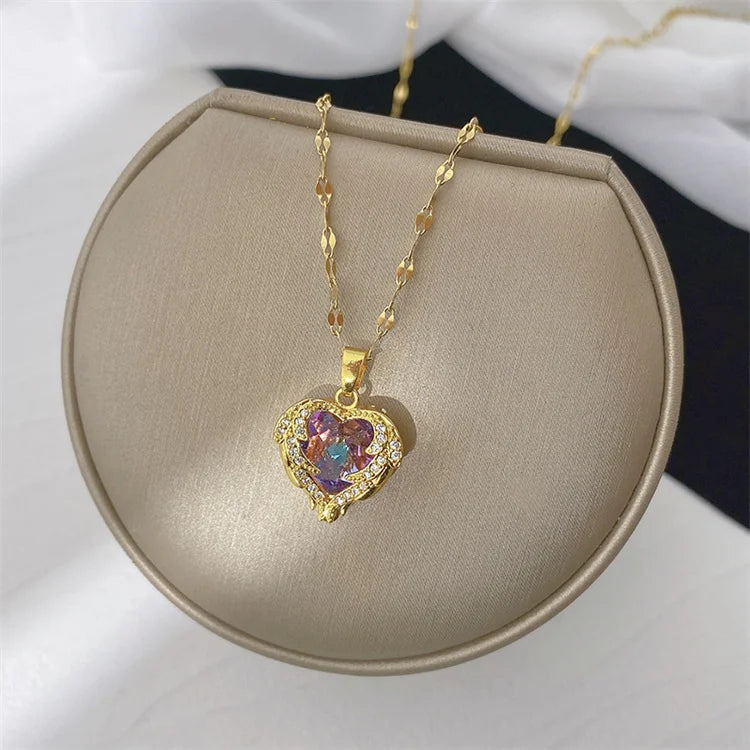 Wholesale Fashion Luxury Design Stainless Steel 18k Gold Plated Love Purple Crystal Pendant Necklace Women