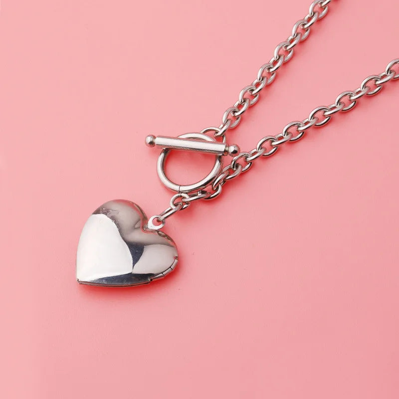 Fashion Jewelry Women Gift Stainless Steel Ot Clasp Paperclip Chain Picture Heart Locket Necklace