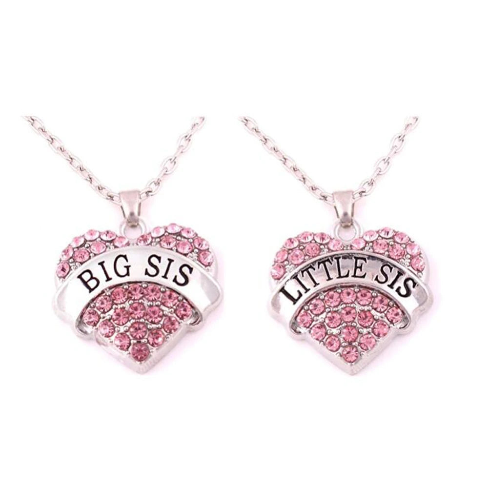 A700024 Zinc Alloy 2pcs Crystal Heart Shape Big Sis Little Sister Letter Pendant Necklace Jewelry Sets