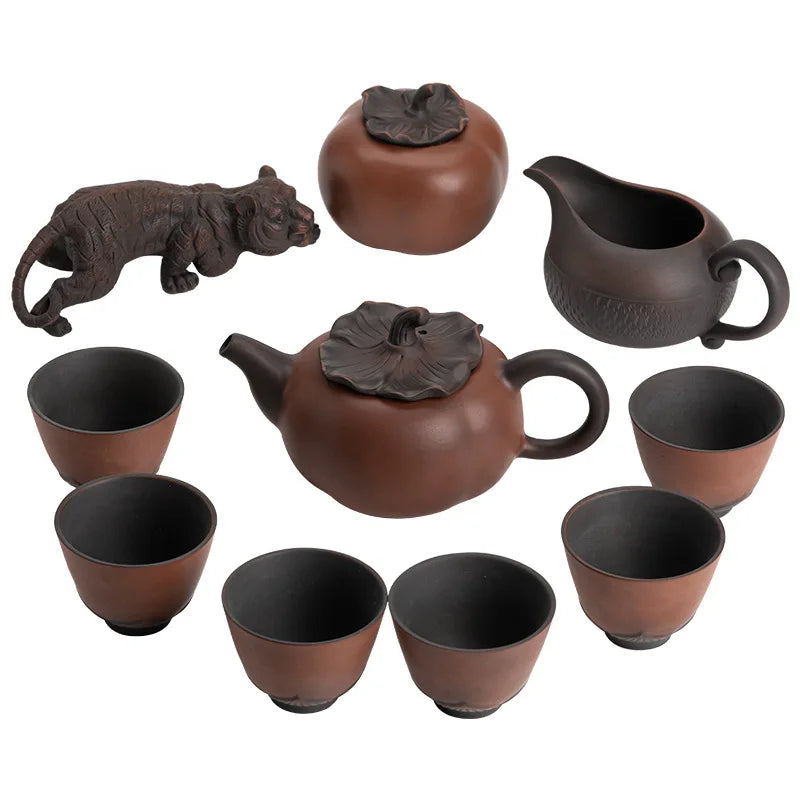 Qingxi Purple Pottery Persimmon Ruyi Kung Fu Tea Set Teapot Tea Cup Gift Business Gift Box