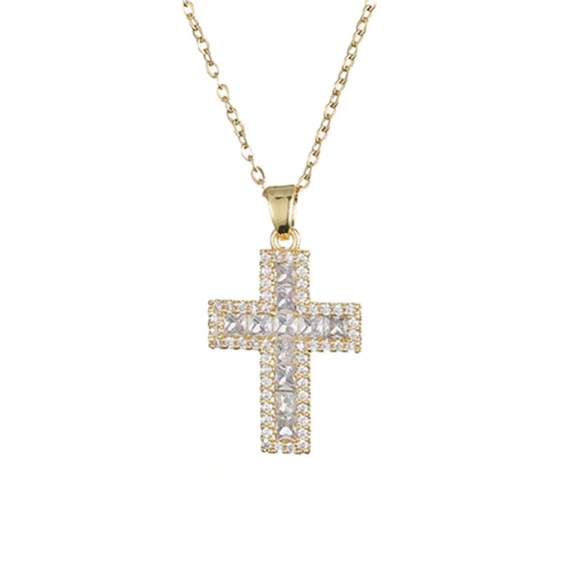 Delicate White Diamond Cross Pendant Necklace Bling Iced Out Cubic Zirconia CZ Cross Necklace Women Men