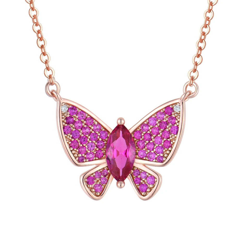 Rose Gold Plated S925 Sterling Silver Butterfly Pendant Necklace Trendy Pink CZ (Zircon) for Engagement Wedding or Party