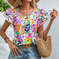 2025 Vintage Floral Printed Ladies Blouse T-Shirt Western Office Style Embroidered Technique Cute Layered Sleeve Short Women's