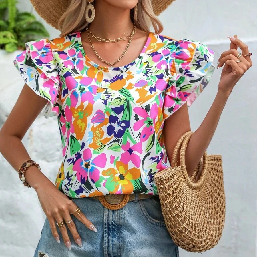 2025 Vintage Floral Printed Ladies Blouse T-Shirt Western Office Style Embroidered Technique Cute Layered Sleeve Short Women's