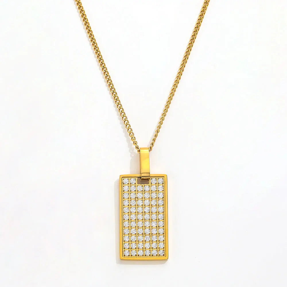Joolim 18k Gold Plated Zirconia Pave CNC Inlay Rectangle Pendant Dainty Chain CZ Stainless Steel Necklace  Jewelry Wholesale