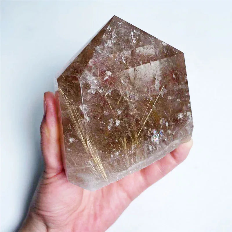 Big Gold Rutilated Quartz Crystal Tower Natural Hand Carved Rutilated Quartz Healing Crystal Wand for Sale